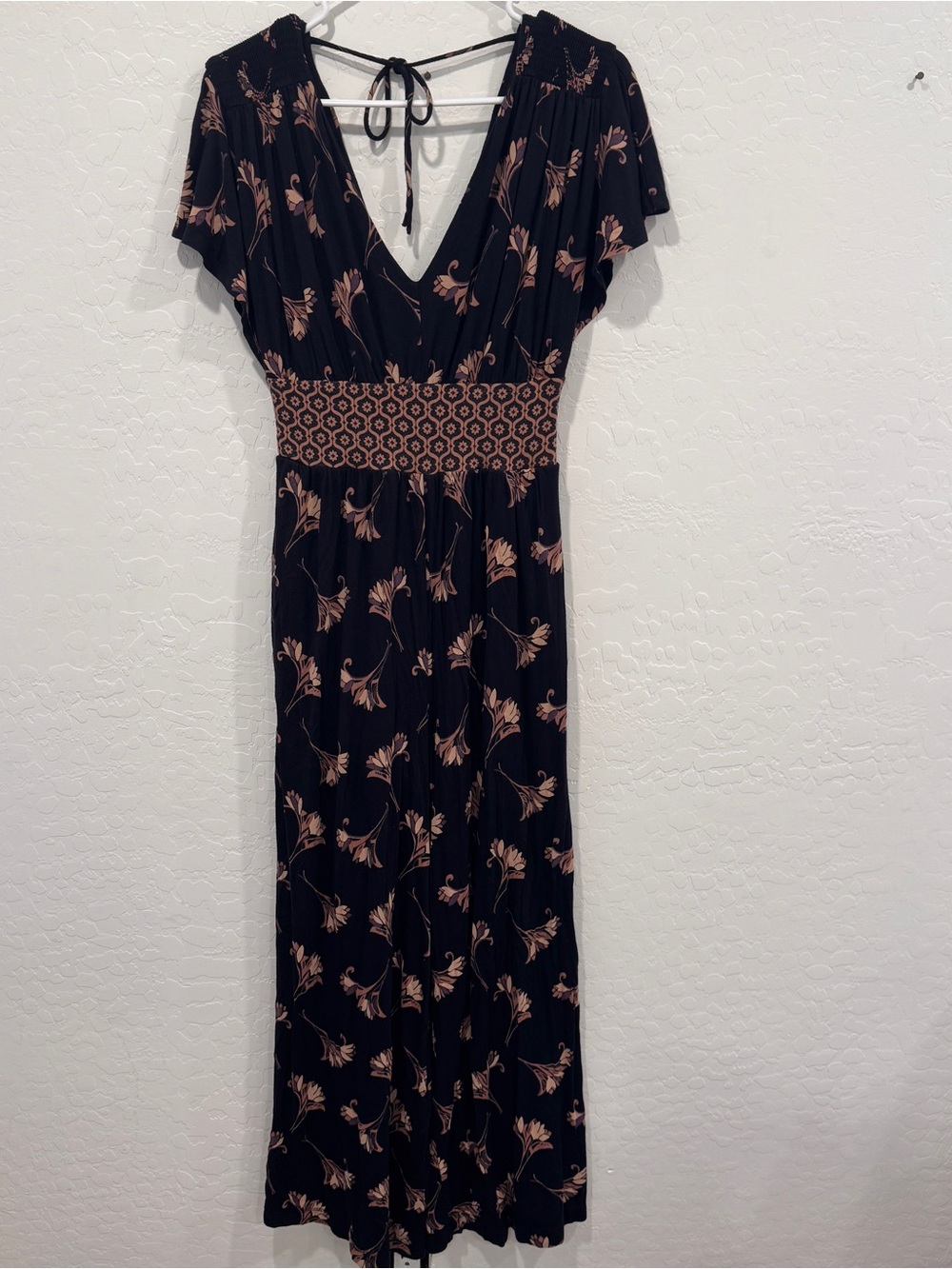 Anthropologie Black Floral Jumpsuit Small Smocked Waistband Bohemian